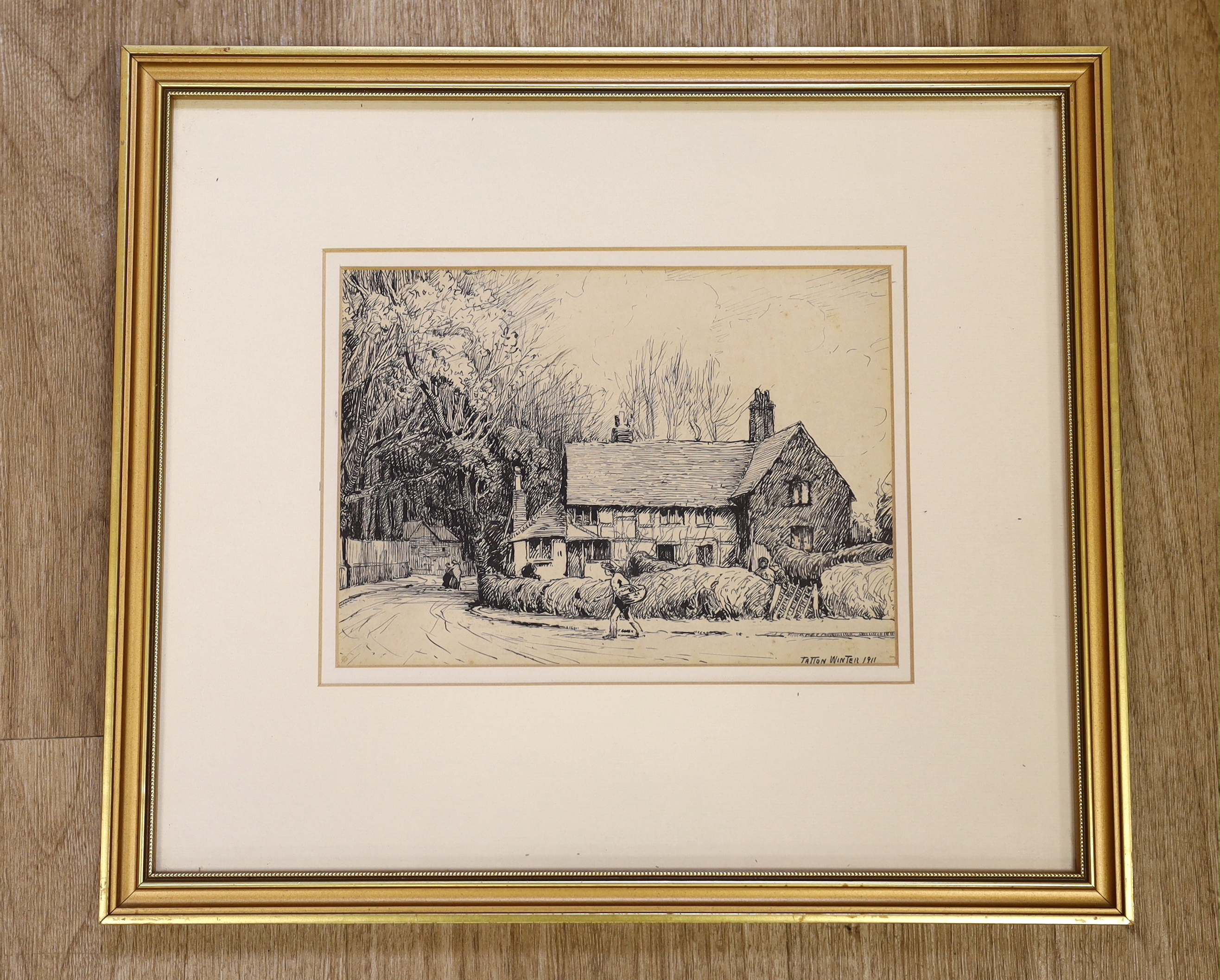 William Tatton Winter (1855-1928) pen and ink, Figures before a cottage, signed and dated 1911, 23 x 16cm